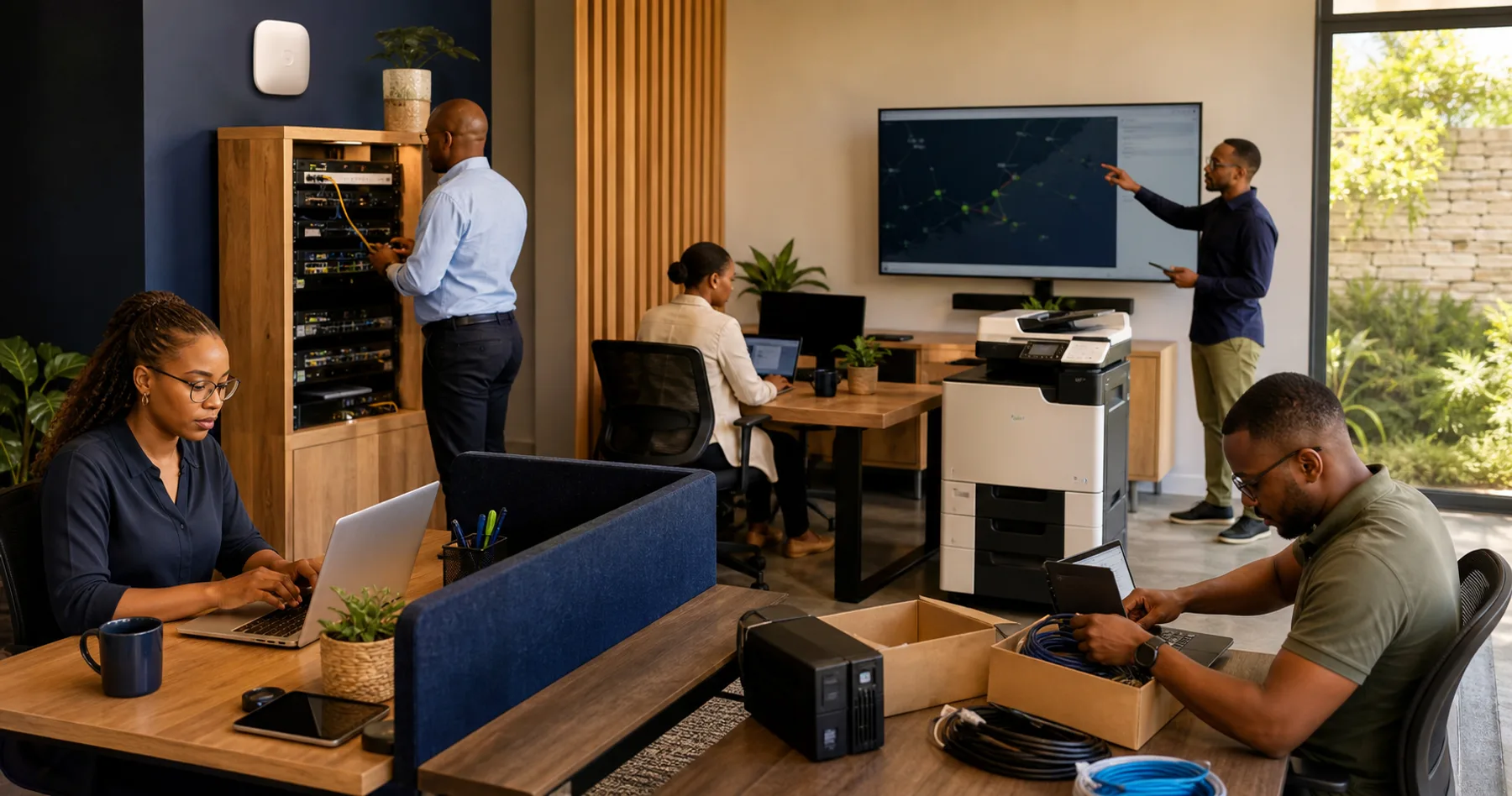South African professionals working in a connected office with computers, printing, networking and power-protection equipment