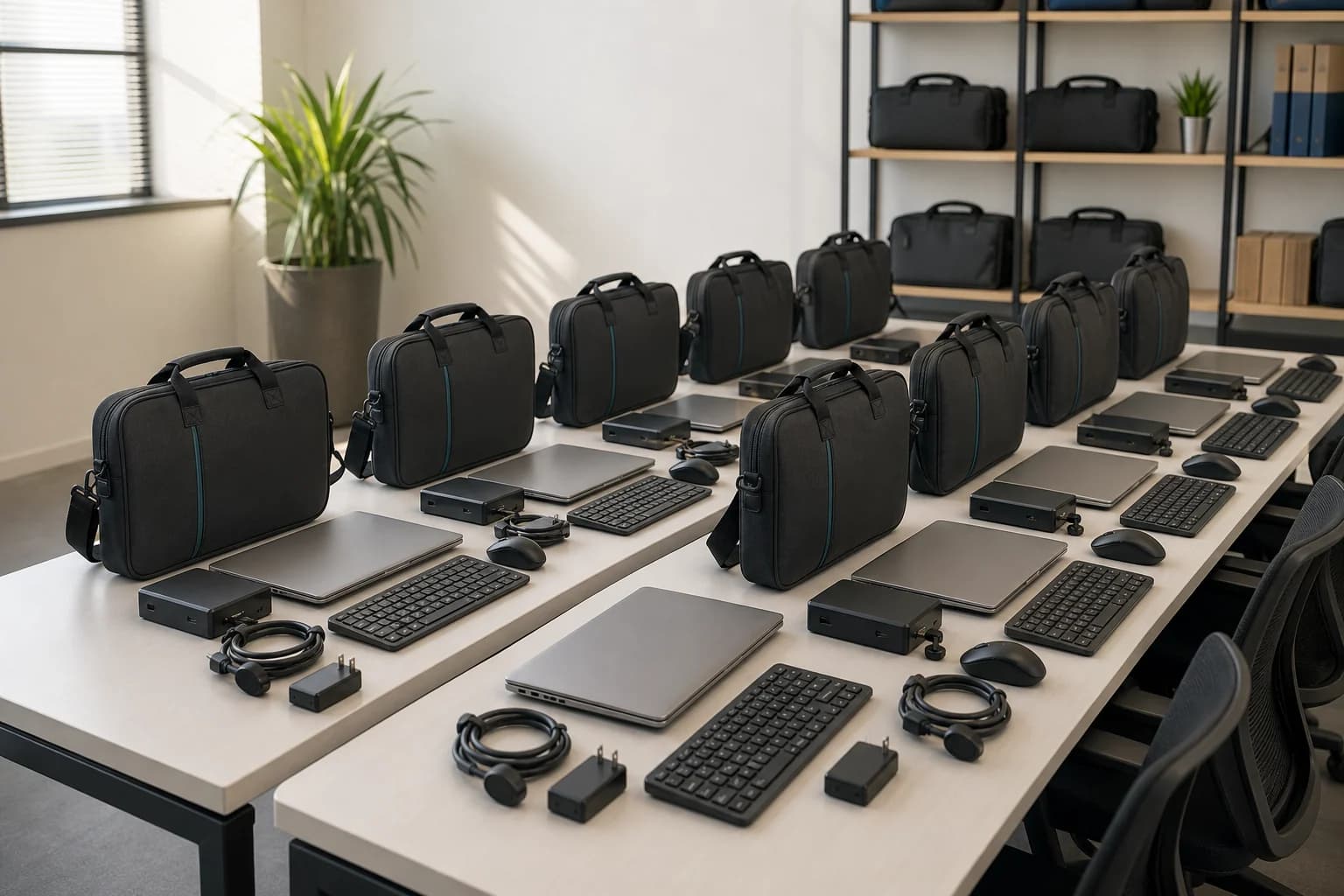 New employee ICT kits prepared with laptops, bags, docks, keyboards and mice