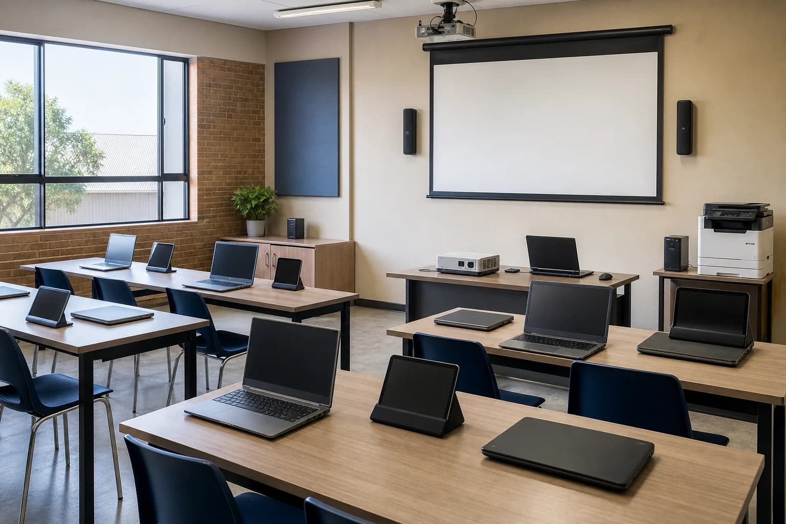 Classroom equipped with laptops, tablets, projector and printer