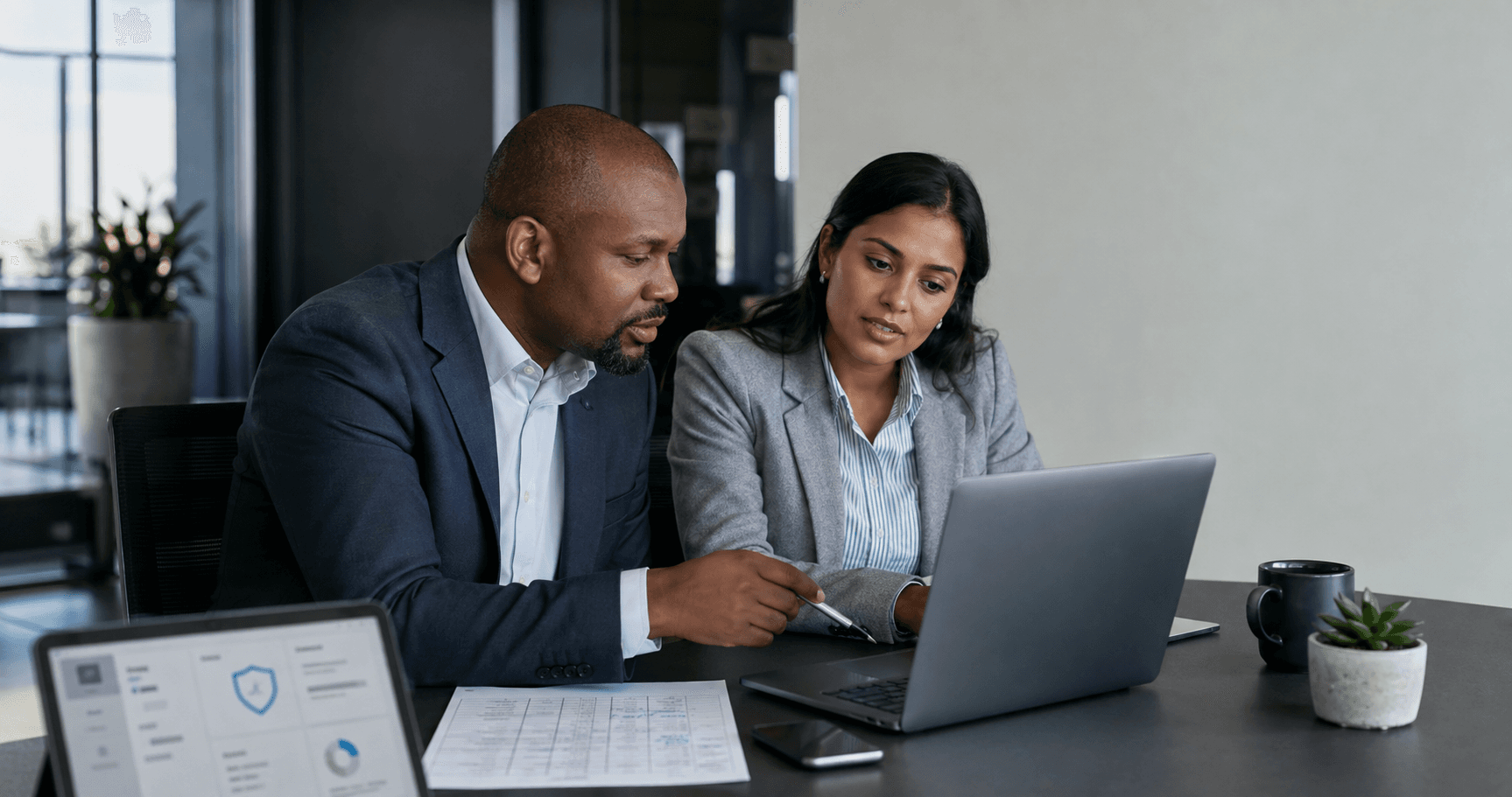 IT and operations staff reviewing software licences, device management and security requirements around a business laptop.