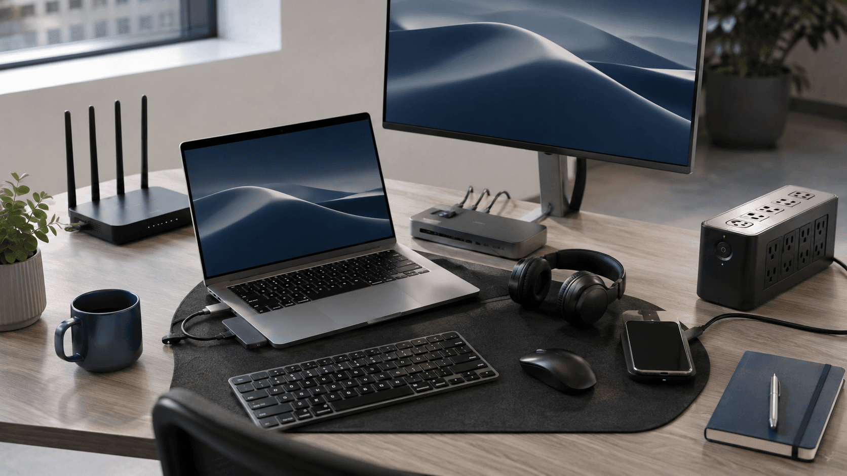 Modern business workstation with laptop, monitor, docking station, keyboard, mouse, headphones, Wi-Fi router, smartphone and backup power equipment on a clean office desk.