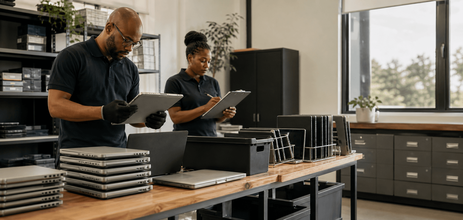 IT staff inspecting and sorting retired business laptops for reuse and responsible recovery.