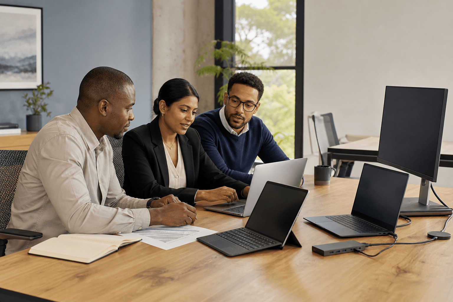 South African business team comparing laptop configurations and workplace accessories around a meeting table.